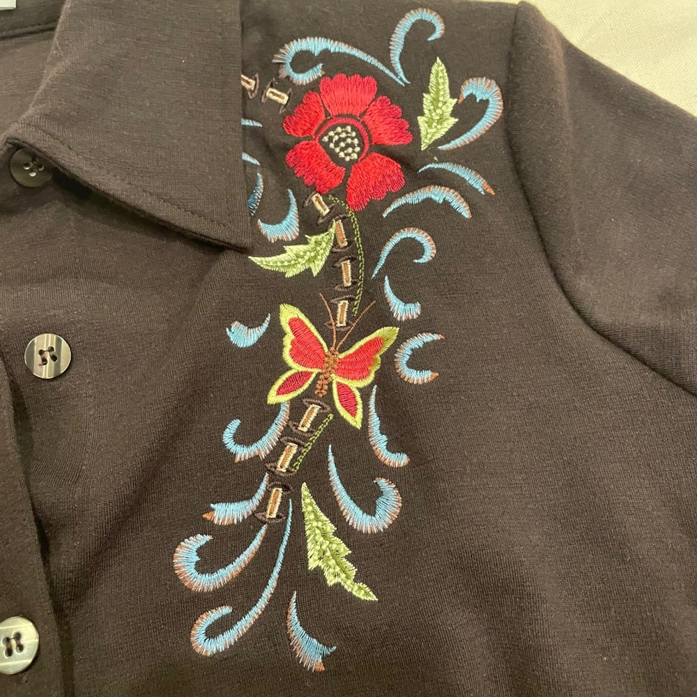 VTG Savvy‎ by DT Studio Brown Embroidered Butterfly Flower Button Shirt Womens M - Picture 3 of 8